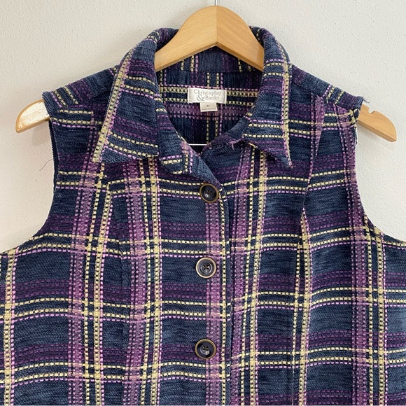 Christopher and Banks Purple and‎ Black Plaid Striped Vest Women’s Size Medium - Picture 2 of 7